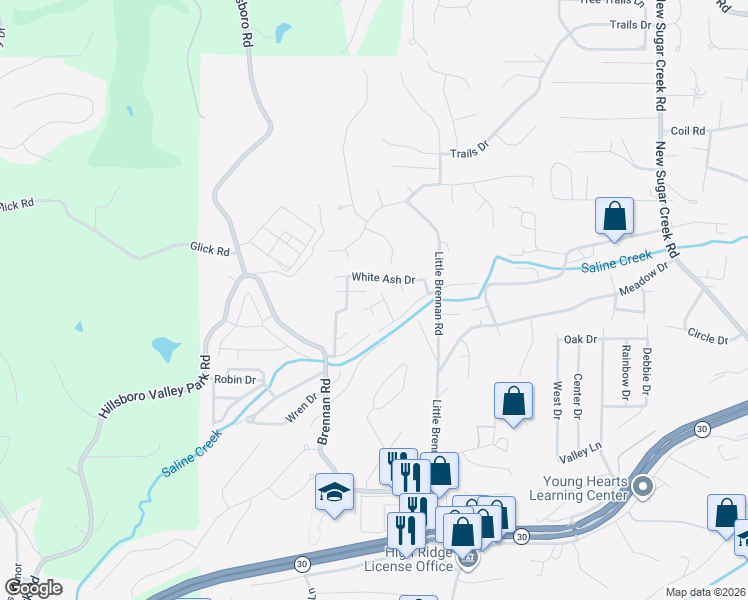 map of restaurants, bars, coffee shops, grocery stores, and more near 4679 Chinkapin Lane in High Ridge