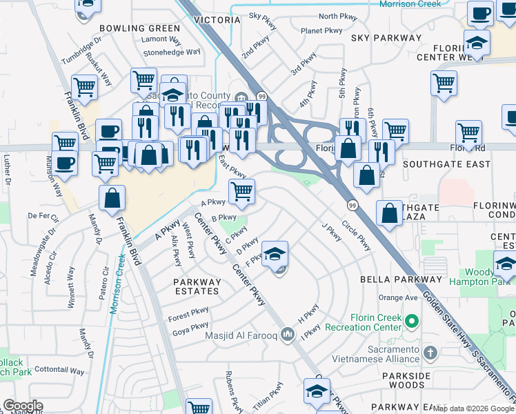 map of restaurants, bars, coffee shops, grocery stores, and more near 4713 B Parkway in Sacramento