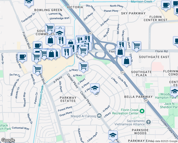 map of restaurants, bars, coffee shops, grocery stores, and more near 4713 B Parkway in Sacramento