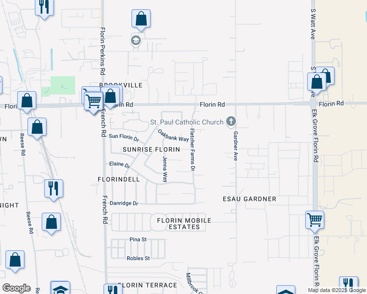 map of restaurants, bars, coffee shops, grocery stores, and more near 8647 Amesbury Court in Sacramento
