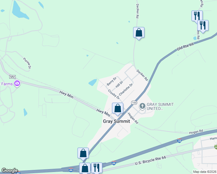 map of restaurants, bars, coffee shops, grocery stores, and more near 226 Berry Drive in Gray Summit