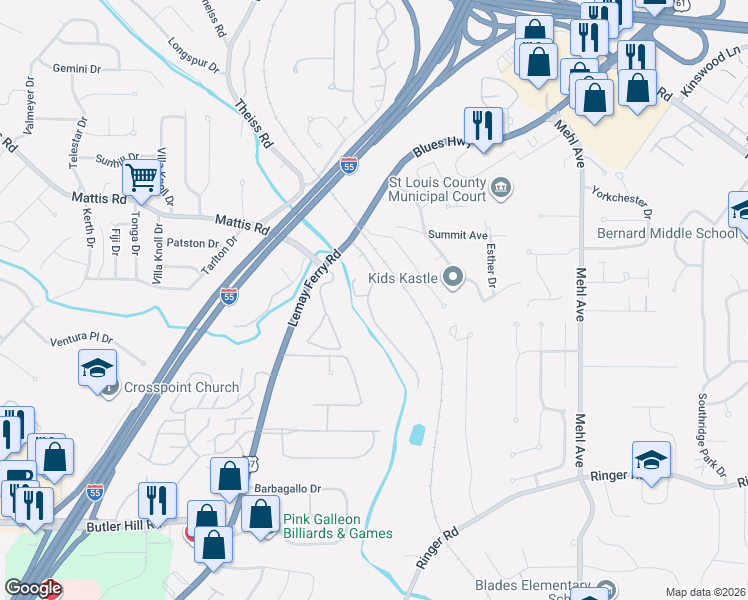 map of restaurants, bars, coffee shops, grocery stores, and more near 37 Kassebaum Lane in St. Louis