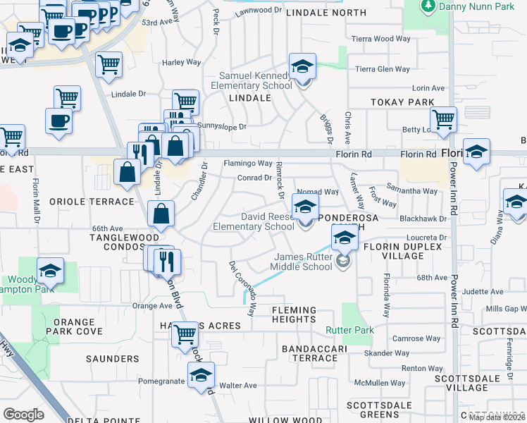 map of restaurants, bars, coffee shops, grocery stores, and more near 6944 Mirador Way in Sacramento
