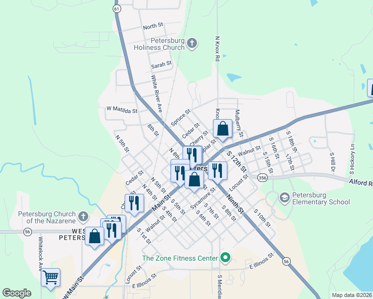 map of restaurants, bars, coffee shops, grocery stores, and more near 899 Cherry Street in Petersburg