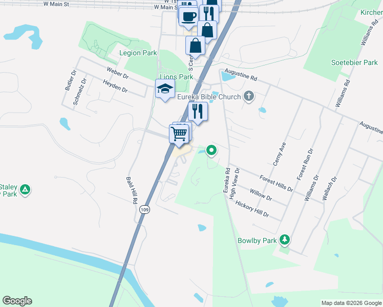 map of restaurants, bars, coffee shops, grocery stores, and more near 400 Legends Terrace Drive in Eureka