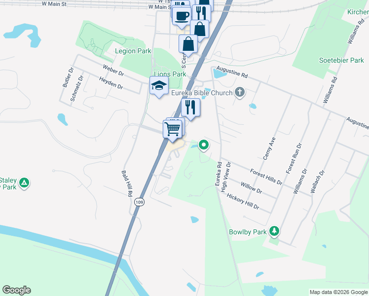 map of restaurants, bars, coffee shops, grocery stores, and more near 400 Legends Terrace Drive in Eureka