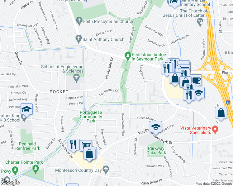 map of restaurants, bars, coffee shops, grocery stores, and more near 2 Princeville Circle in Sacramento
