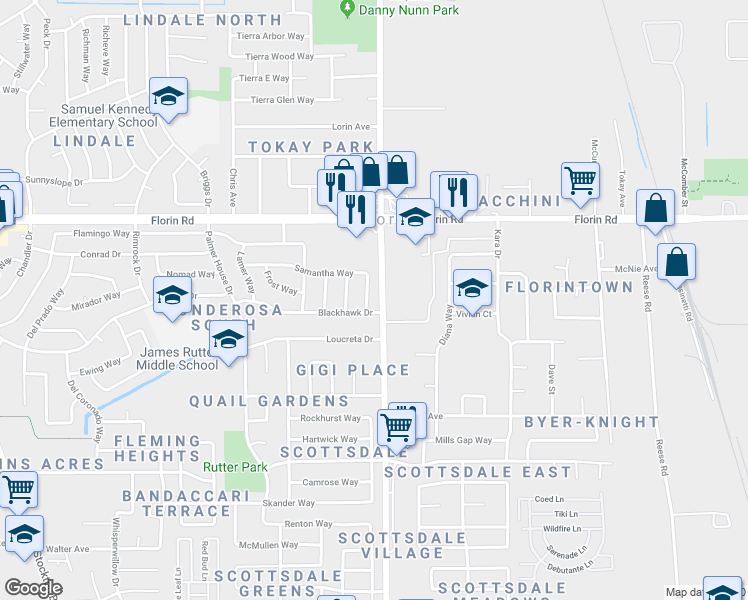 map of restaurants, bars, coffee shops, grocery stores, and more near 7972 Samantha Way in Sacramento