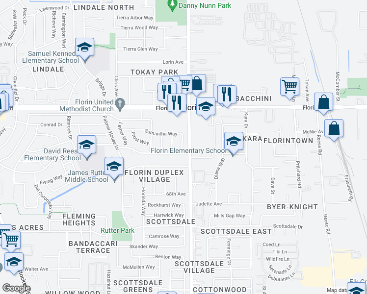 map of restaurants, bars, coffee shops, grocery stores, and more near 7971 Samantha Way in Sacramento