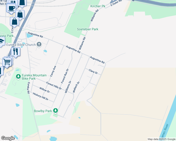 map of restaurants, bars, coffee shops, grocery stores, and more near 406 Wallach Drive in Eureka
