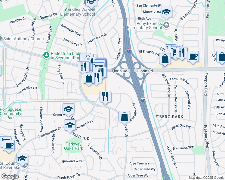 map of restaurants, bars, coffee shops, grocery stores, and more near 1180 Corporate Way in Sacramento