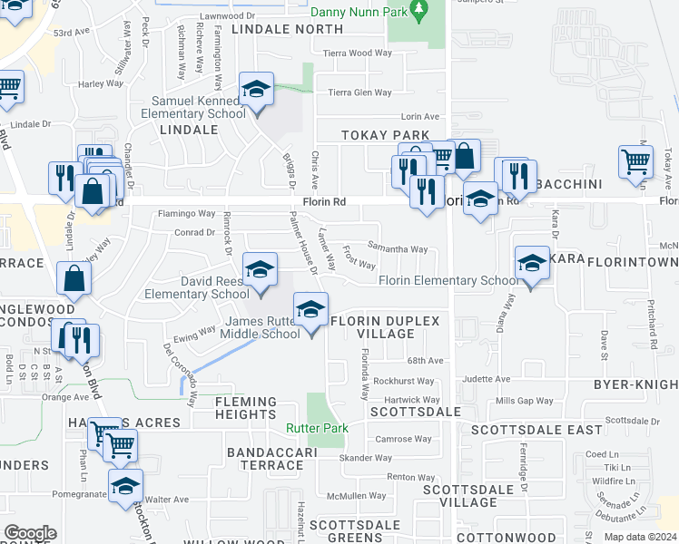 map of restaurants, bars, coffee shops, grocery stores, and more near 7545 Blackhawk Drive in Sacramento