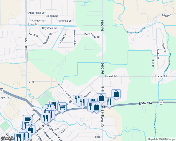 map of restaurants, bars, coffee shops, grocery stores, and more near 381 6600 Road in Montrose