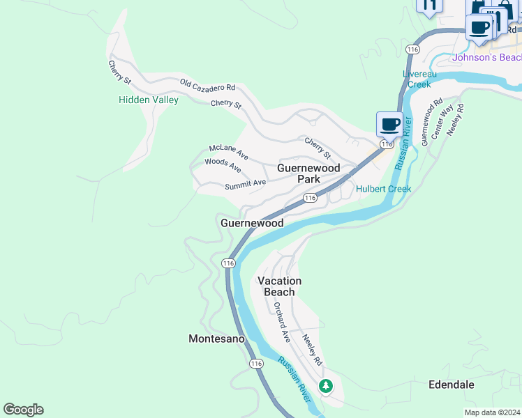 map of restaurants, bars, coffee shops, grocery stores, and more near 17499 Old Monte Rio Road in Guerneville