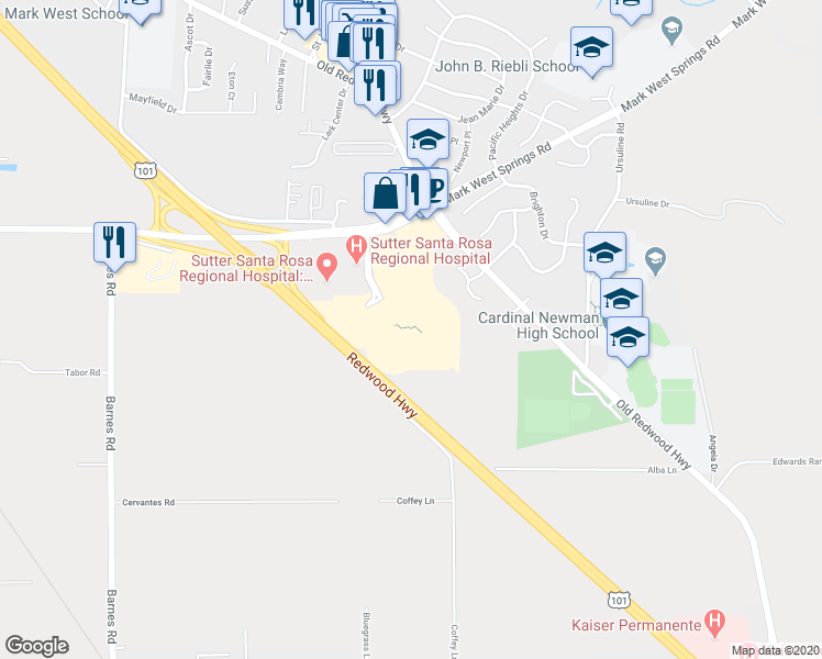 map of restaurants, bars, coffee shops, grocery stores, and more near 50 Mark West Springs Road in Santa Rosa