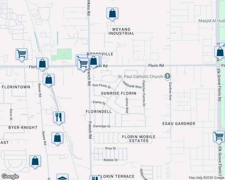 map of restaurants, bars, coffee shops, grocery stores, and more near 7252 Hayward Drive in Sacramento