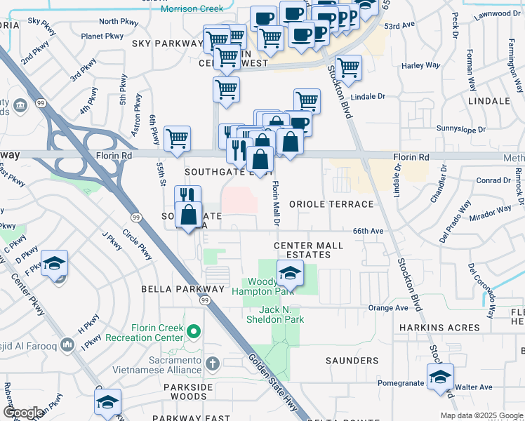 map of restaurants, bars, coffee shops, grocery stores, and more near 6131 66th Avenue in Sacramento