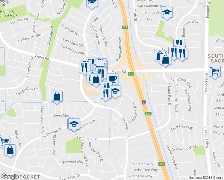 map of restaurants, bars, coffee shops, grocery stores, and more near 1180 Corporate Way in Sacramento