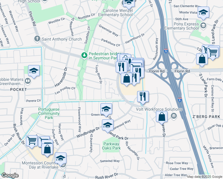 map of restaurants, bars, coffee shops, grocery stores, and more near 7267 Long River Drive in Sacramento