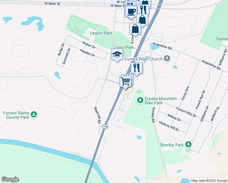 map of restaurants, bars, coffee shops, grocery stores, and more near 4835 Missouri 109 in Eureka