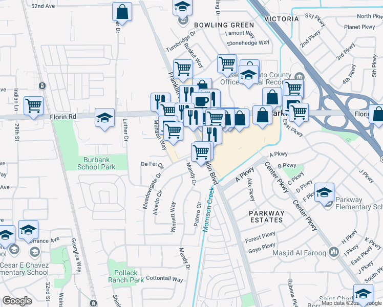 map of restaurants, bars, coffee shops, grocery stores, and more near 7200 Meadowgate Drive in Sacramento