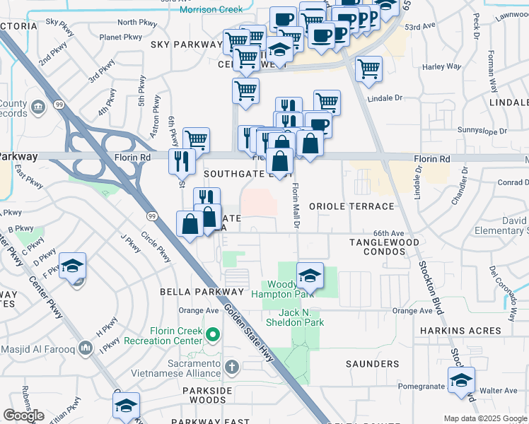 map of restaurants, bars, coffee shops, grocery stores, and more near 5959 66th Avenue in Sacramento