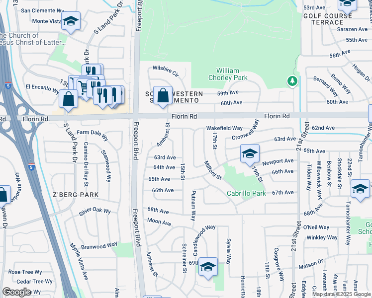 map of restaurants, bars, coffee shops, grocery stores, and more near 7245 15th Street in Sacramento