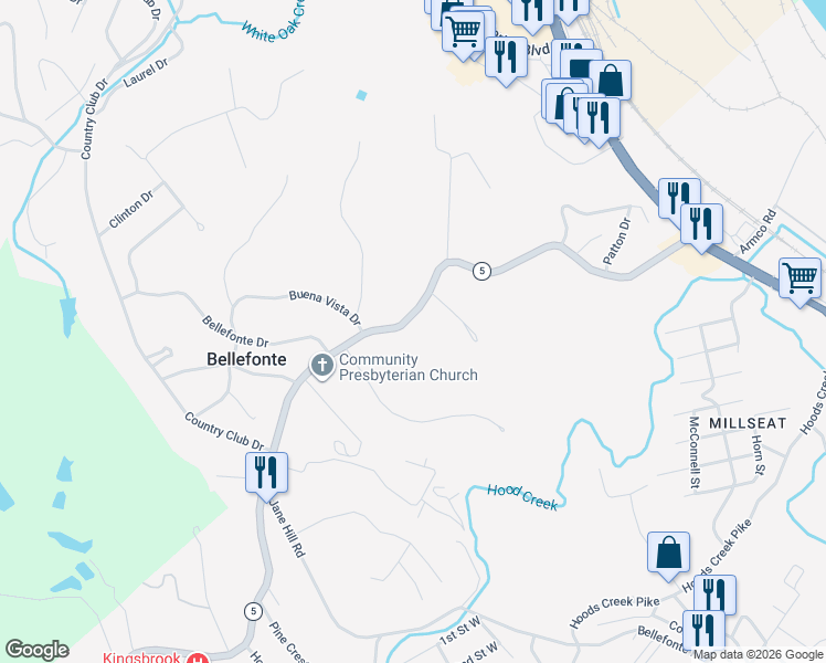 map of restaurants, bars, coffee shops, grocery stores, and more near 407-417 Bellefonte Princess Road in Ashland