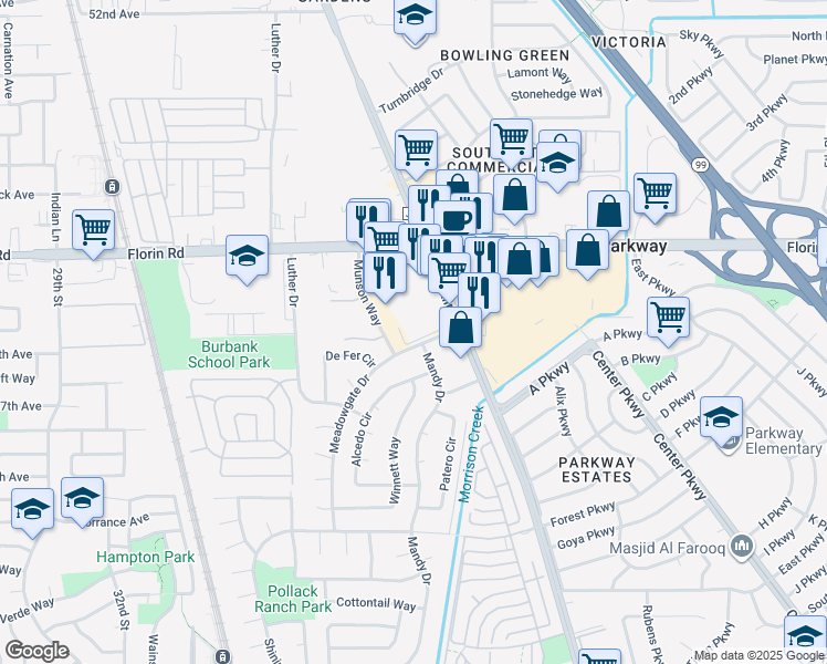map of restaurants, bars, coffee shops, grocery stores, and more near 7280 Mandy Drive in Sacramento
