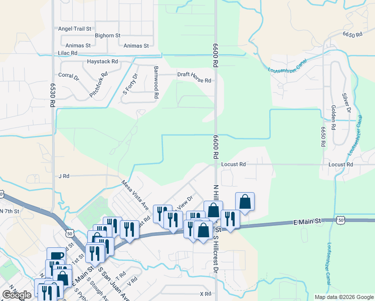 map of restaurants, bars, coffee shops, grocery stores, and more near 381 6600 Road in Montrose