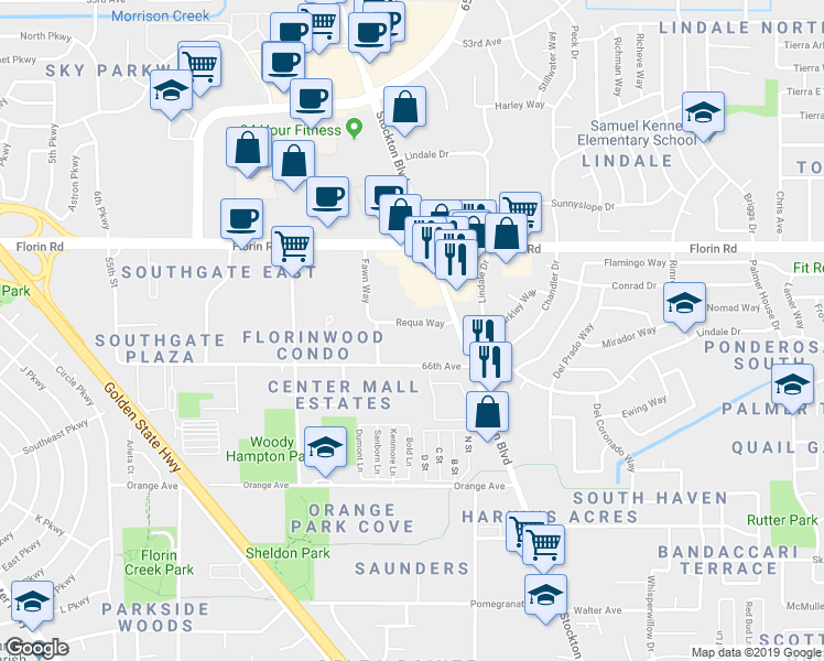 map of restaurants, bars, coffee shops, grocery stores, and more near 6334 Requa Way in Sacramento