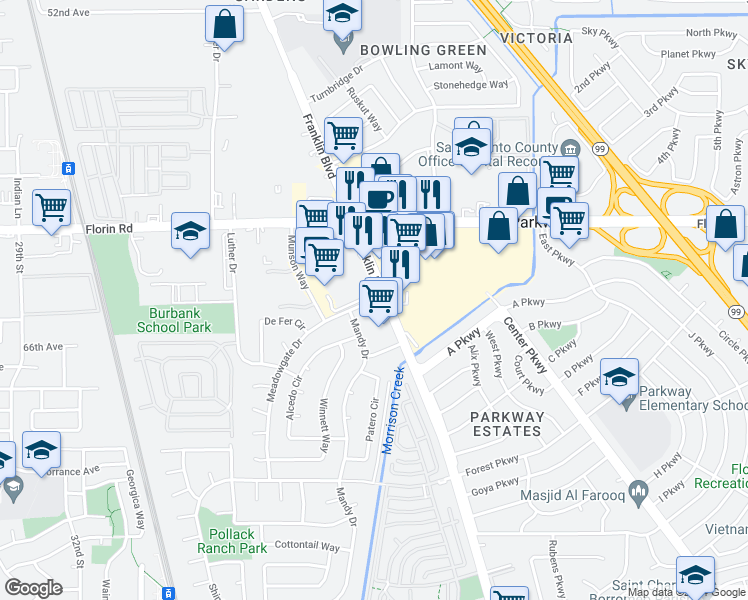 map of restaurants, bars, coffee shops, grocery stores, and more near 7200 Meadowgate Drive in Sacramento
