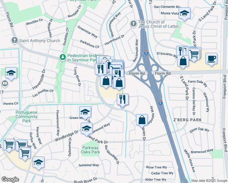 map of restaurants, bars, coffee shops, grocery stores, and more near 996 Florin Road in Sacramento