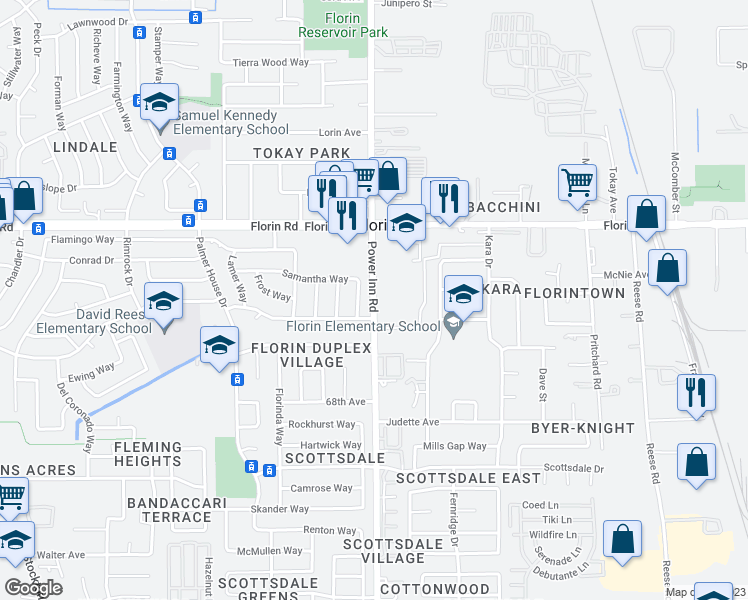 map of restaurants, bars, coffee shops, grocery stores, and more near 7213 Power Inn Road in Sacramento