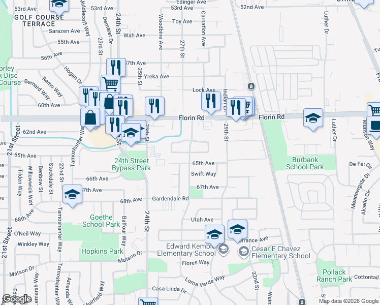 map of restaurants, bars, coffee shops, grocery stores, and more near Quasar Cir & Loma Verde Way in Sacramento