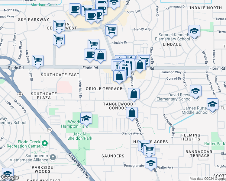map of restaurants, bars, coffee shops, grocery stores, and more near 6334 Requa Way in Sacramento