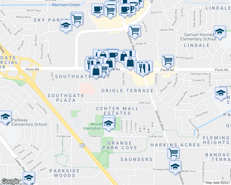 map of restaurants, bars, coffee shops, grocery stores, and more near 6201 66th Avenue in Sacramento