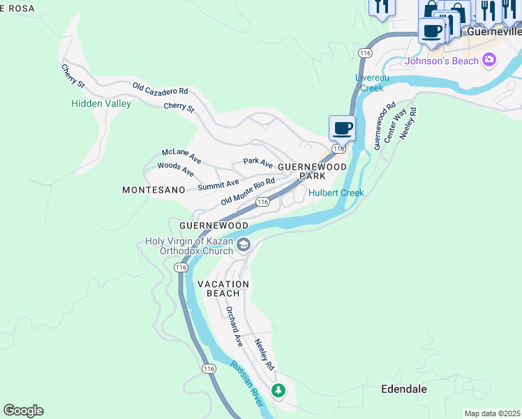 map of restaurants, bars, coffee shops, grocery stores, and more near 17388 Riverside Drive in Guerneville