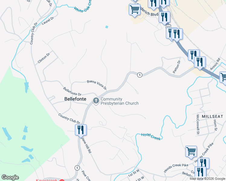 map of restaurants, bars, coffee shops, grocery stores, and more near 407-417 Bellefonte Princess Rd in Ashland