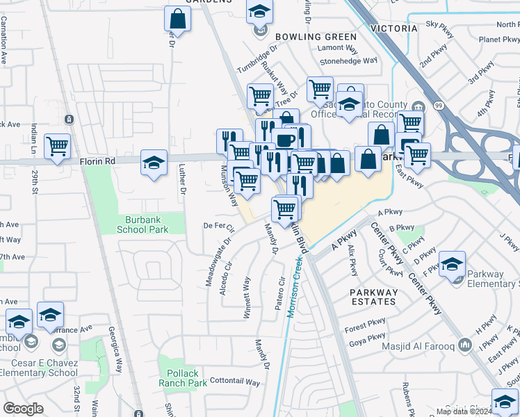 map of restaurants, bars, coffee shops, grocery stores, and more near 4020 Florin Road in Sacramento