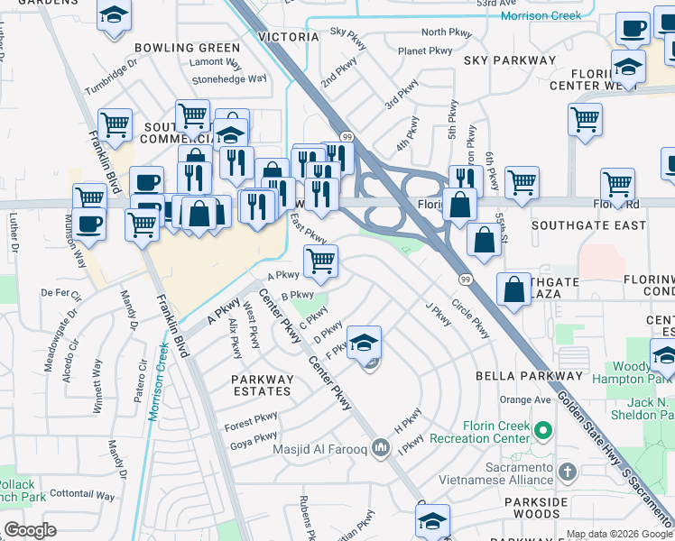 map of restaurants, bars, coffee shops, grocery stores, and more near 4713 B Parkway in Sacramento