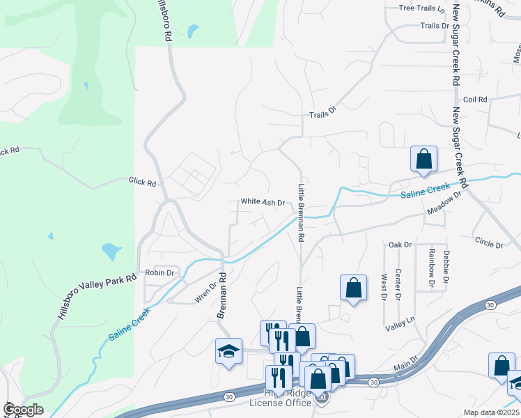 map of restaurants, bars, coffee shops, grocery stores, and more near 1692 Chinkapin Drive in High Ridge