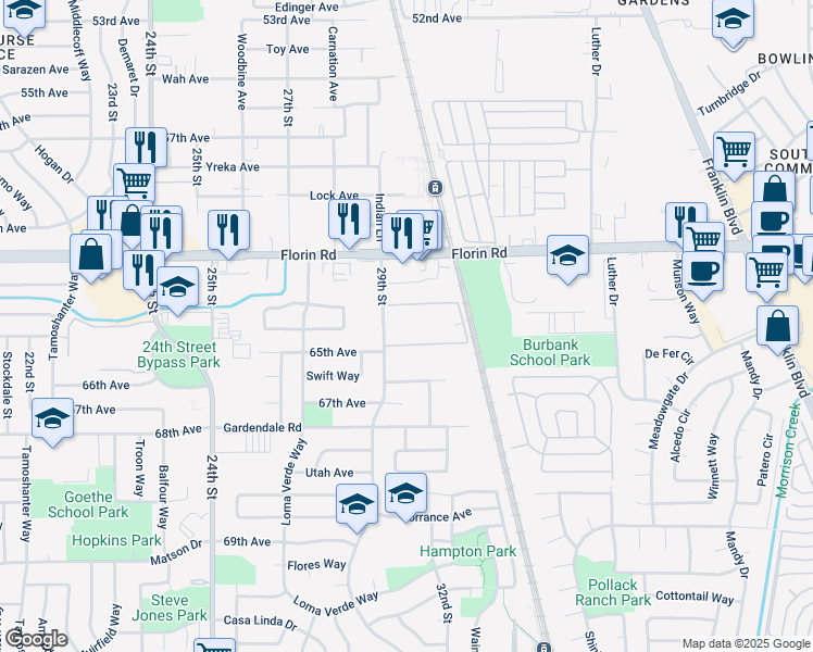 map of restaurants, bars, coffee shops, grocery stores, and more near 2906 South Meadows Place in Sacramento