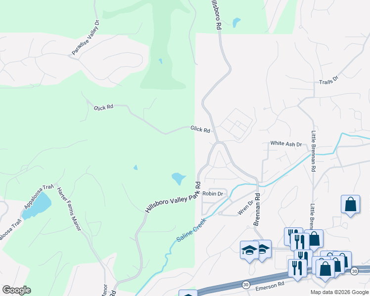 map of restaurants, bars, coffee shops, grocery stores, and more near 1723 Hillsboro Valley Park Road in High Ridge