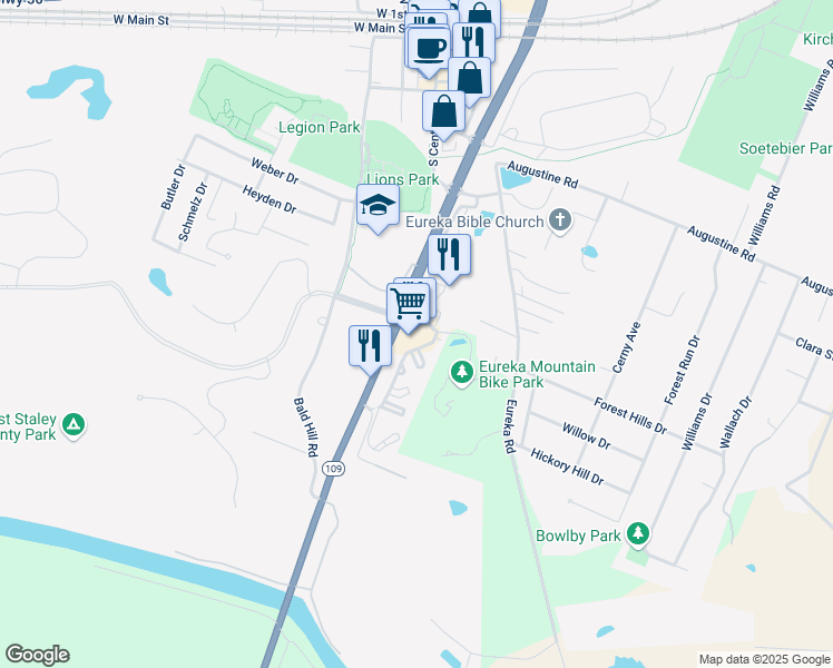 map of restaurants, bars, coffee shops, grocery stores, and more near 98 The Legends Parkway in Eureka