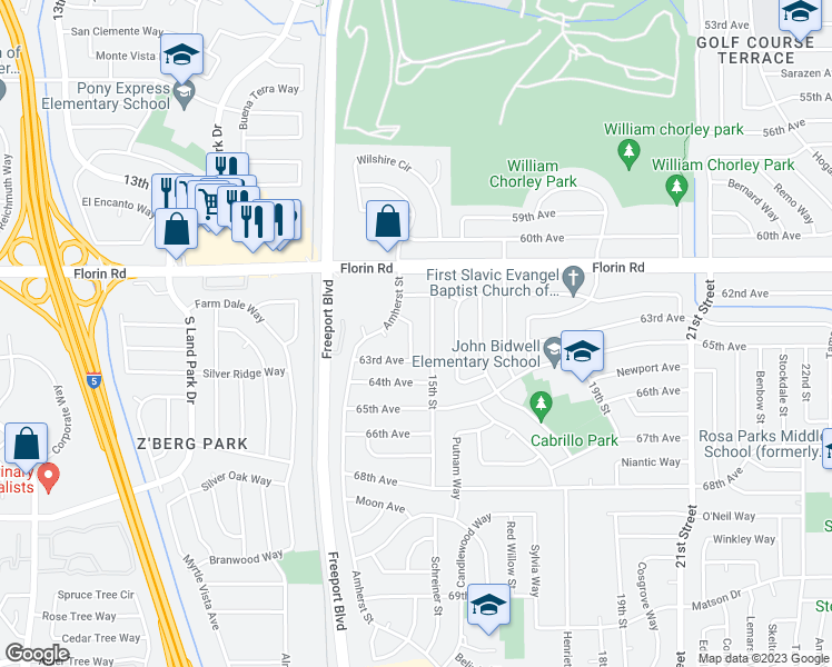 map of restaurants, bars, coffee shops, grocery stores, and more near 1451 Oakhurst Way in Sacramento