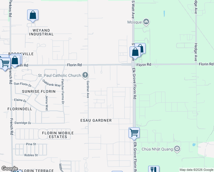 map of restaurants, bars, coffee shops, grocery stores, and more near 7300 Elk Grove Florin Road in Sacramento