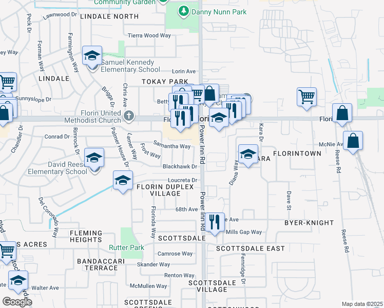 map of restaurants, bars, coffee shops, grocery stores, and more near 7972 Samantha Way in Sacramento