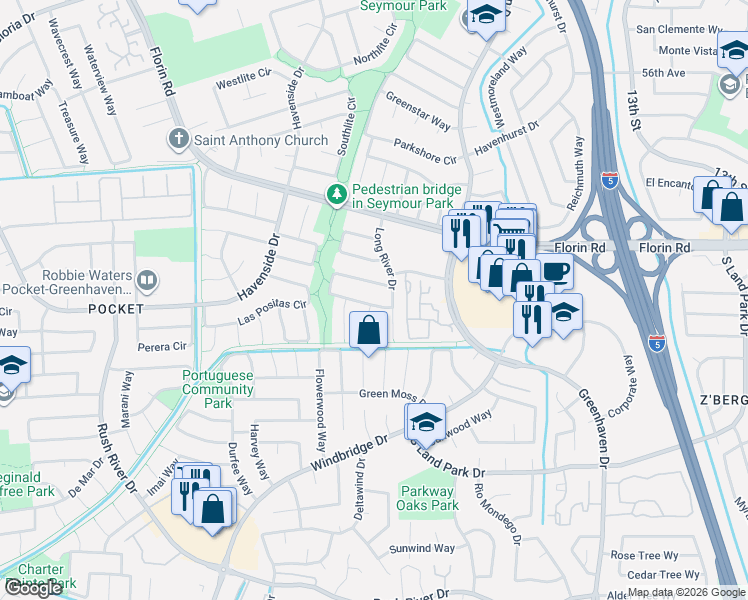 map of restaurants, bars, coffee shops, grocery stores, and more near 9 Iron River Court in Sacramento