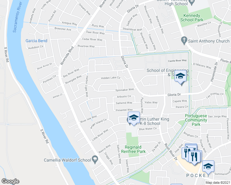 map of restaurants, bars, coffee shops, grocery stores, and more near 123 Arbusto Circle in Sacramento